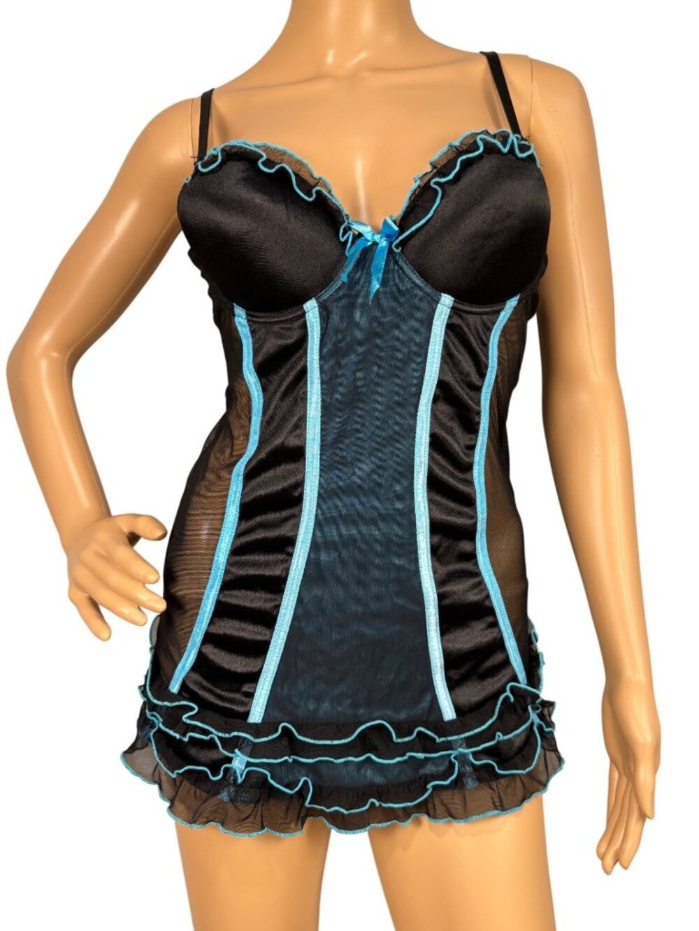 Y2K Native Intimates Black & Blue Sheer Mesh Babydoll Lingerie 34B Padded Push U